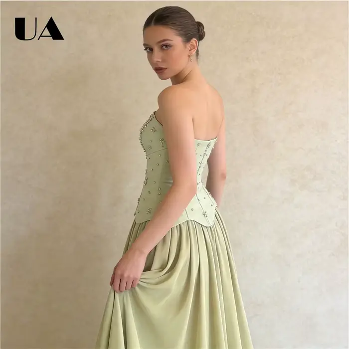 Robe de bal sans bretelles en satin vert sauge pour femmes corsage corset orné cape détachable soirée mousseline de soie occasions spéciales