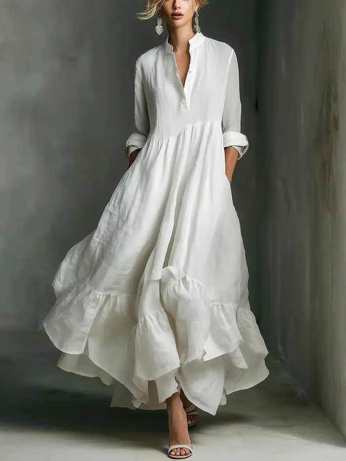 Robe longue élégante blanche unie pour femme, avec boutons et ourlet à volants, style bohème vintage