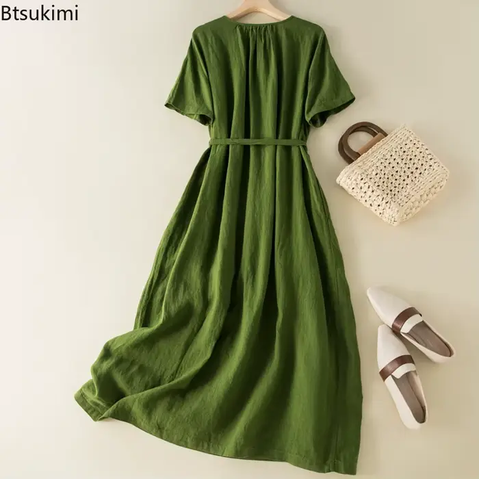 Robe en coton et lin décontractée vintage maxi à lacets pour femmes d'été ocasions spéciales et quotidiennes
