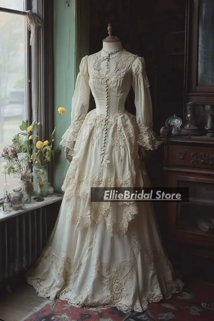 Robe de mariée victorienne vintage en polyester, dentelle et manches longues pour femmes, élégante et historique, idéale pour mariage, Halloween ou cérémonies thématiques