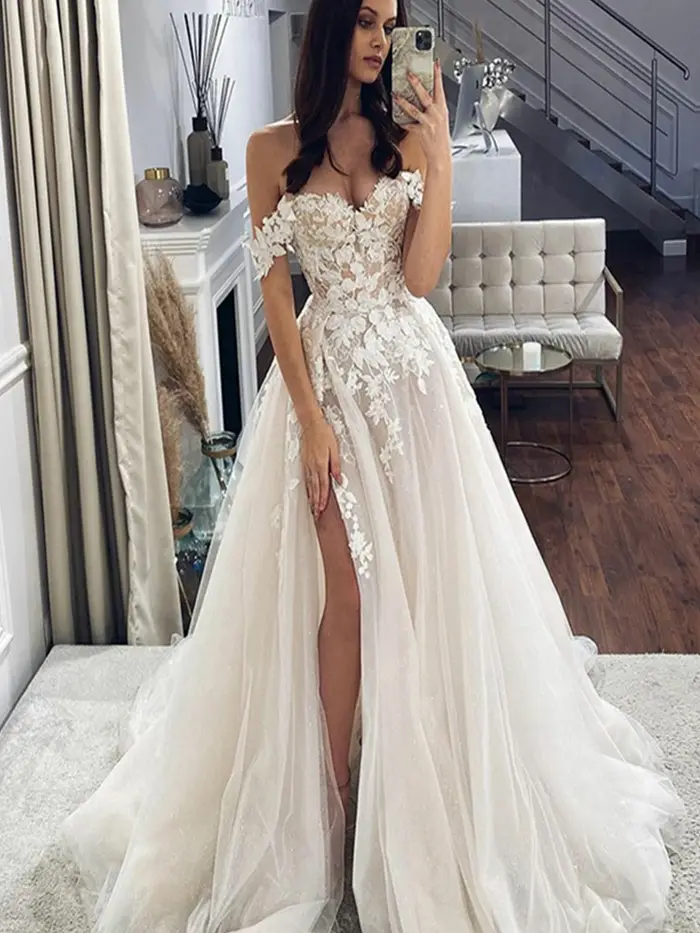 Robe de mariée DIANRUO trapèze en dentelle vintage avec décolleté Mon Amour et fente latérale pour femmes occasions spéciales