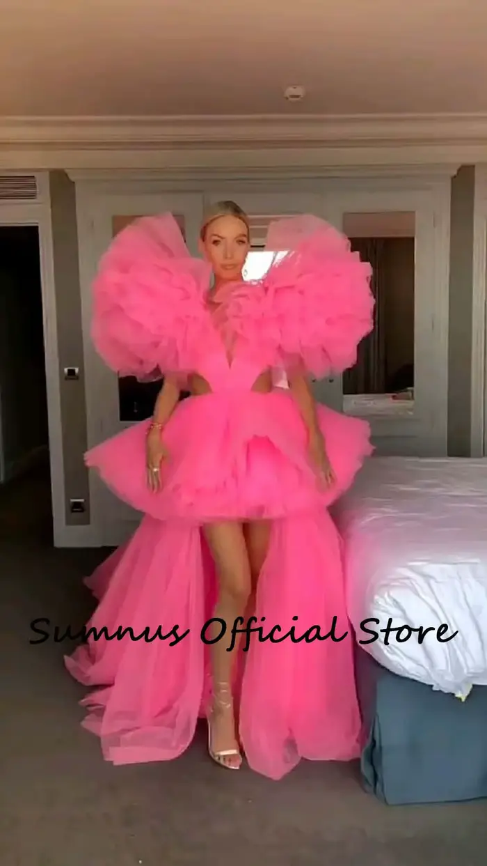 Robe de bal longue en tulle rose à plusieurs niveaux col en V profond haut bas pour occasions spéciales sexy concours personnalisable