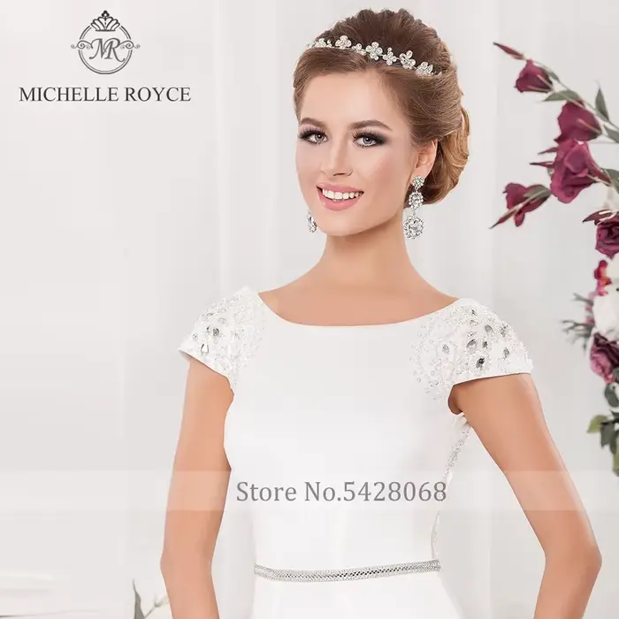 Michelle Royce sirène robes De mariée Scoop manches courtes dos nu perlé Court Train