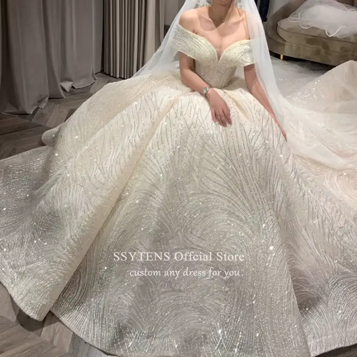 SSYTENS Robes de mariée pas chères, Robe de mariée brillante, Robe de mariée classique à col bateau,