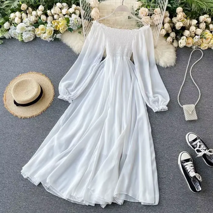 Robe de soirée de vacances en bord de mer pour femmes, élégante robe longue en mousseline de soie bl