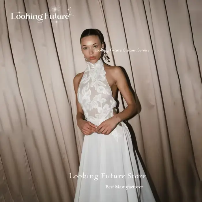 Robe de Mariée Blanche Moderne en Mousseline Ligne A avec Dentelle Sur Mesure pour Femme Simple Col Halter Plis
