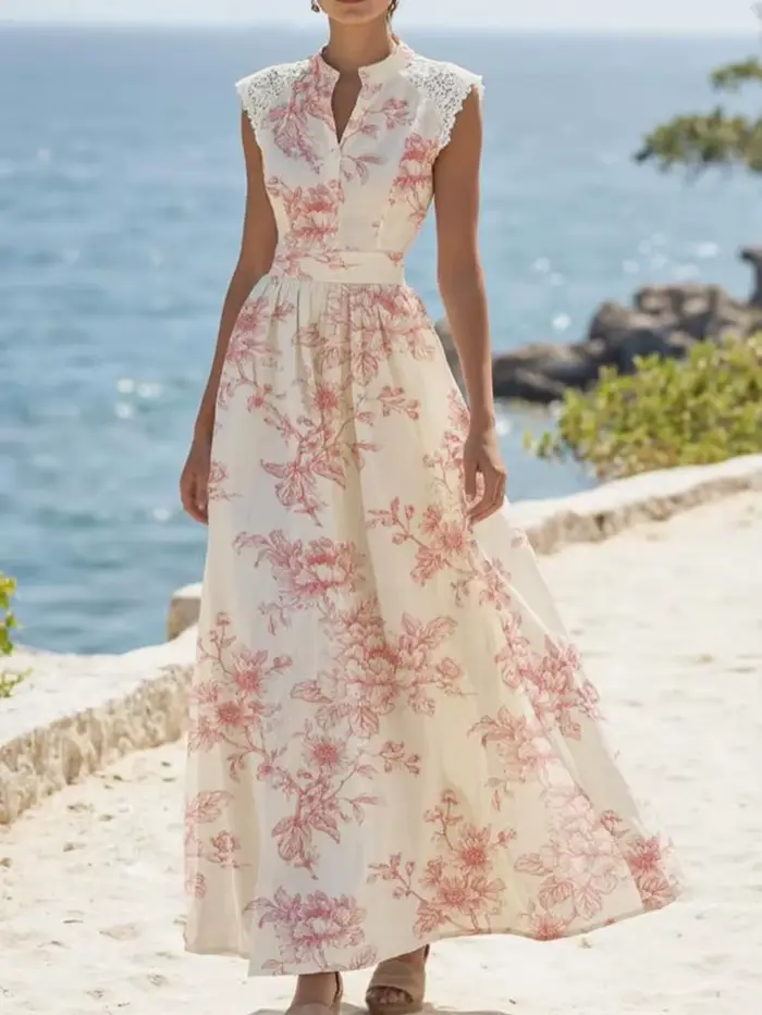 Robe longue de vacances élégante en dentelle patchwork sexy, col en V sans manches, plissée, pour femme, imprimée, avec laçage à la taille, pour soirée
