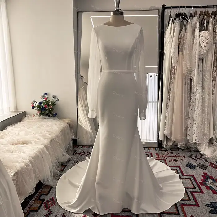 Mryarce robes de mariée extensibles minimalistes longues manches en Tulle plissées dos nu robes de mariée sirène