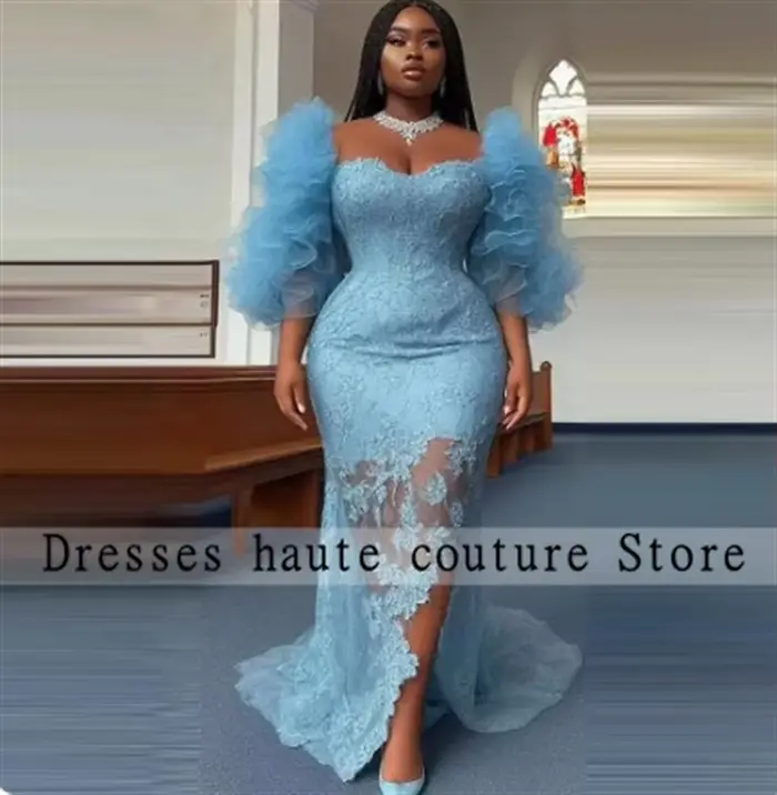 Robe de Soirée Africaine en Dentelle Bleue Personnalisée, Tenue Formelle de Demoiselle d'Honneur, As