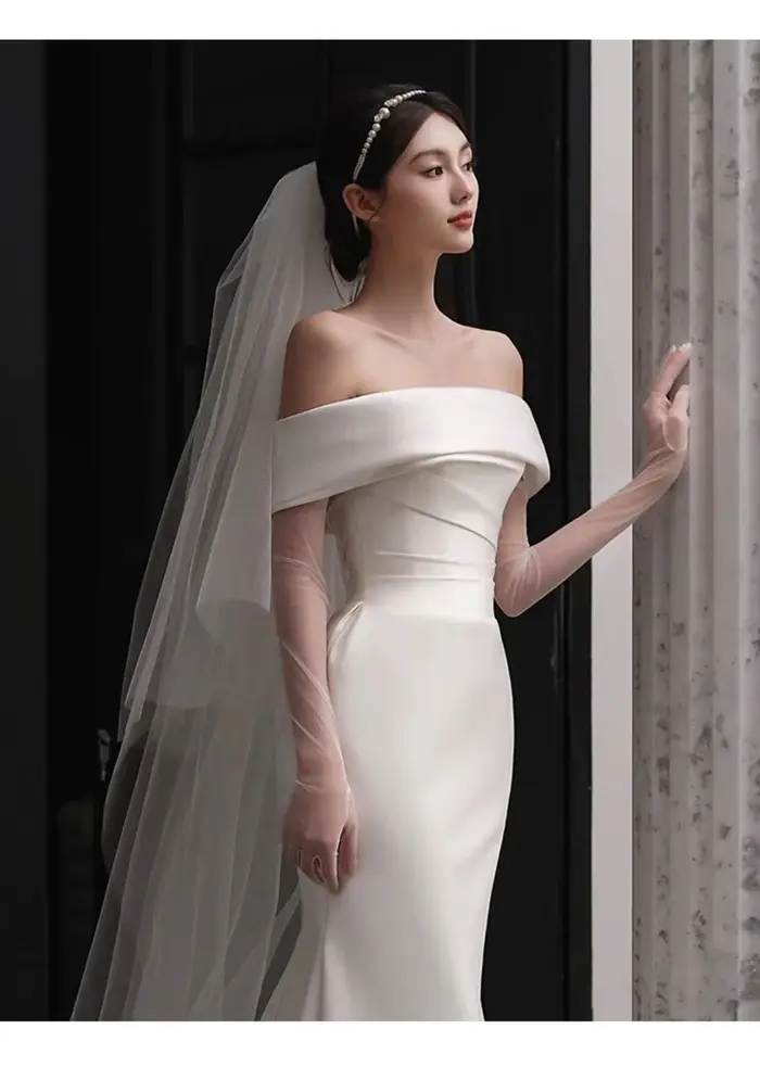 Robe De mariée sirène en Satin De luxe, épaules dénudées, Simple, voile et gants gratuits, personnal