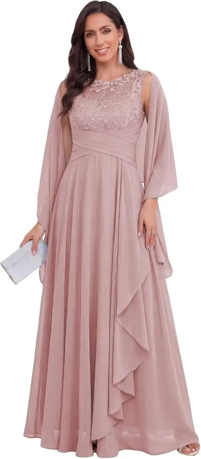 Robe en mousseline de soie longue avec châle et appliques en dentelle pour la mère de la mariée occasions spéciales élégance et sophistication