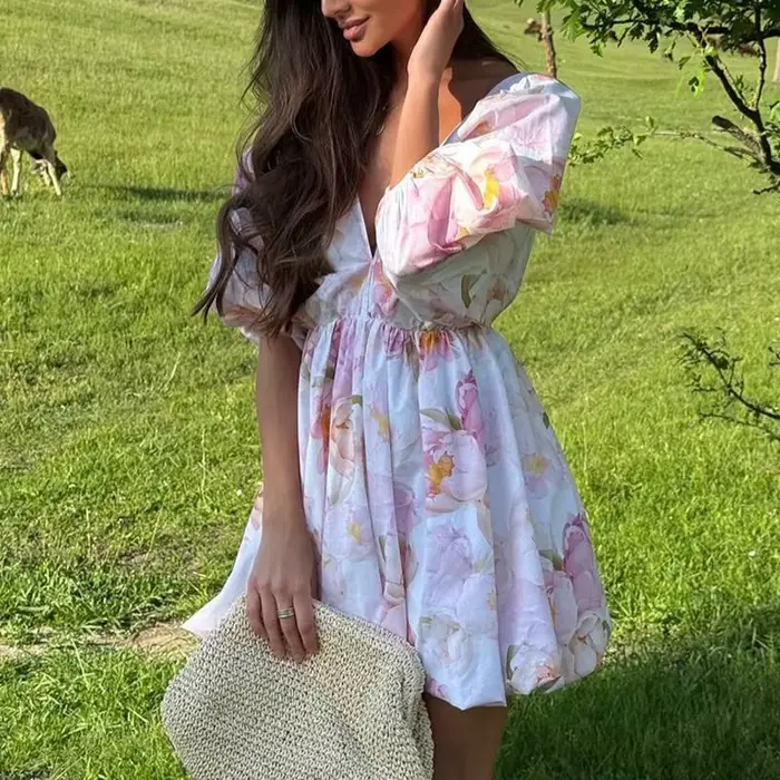 Robe de soirée plissée ample à manches bouffantes pour femme élégante imprimé floral décolleté en V profonde pour occasions spéciales