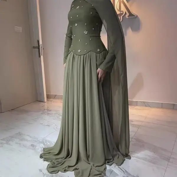Robe de bal musulmane en perles vert Olive, à volants, élégante, arabe, fluide, dubaï, robe de soiré