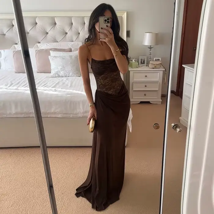 Nouvelle Robe Longue de Soirée Sexy Marron pour Femme