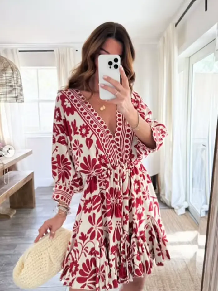 Robe à imprimé floral rouge et blanc pour femme, col en V profond, cordon de serrage à la taille, ou