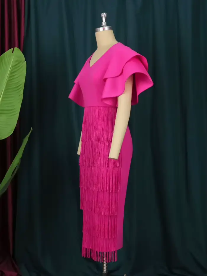 Robe de soirée mi-longue aux franges rose pour femmes, grandes tailles, élégante pour occasions spéciales