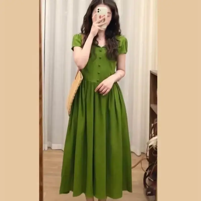 Robe verte style princesse longueur genoux été pour femme occassions spéciales élégante coton polyester