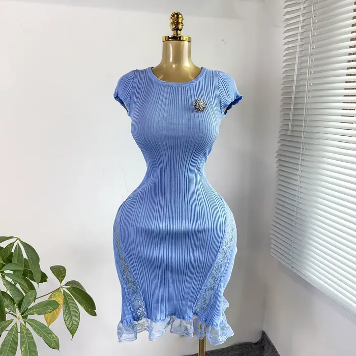 Robe Courte Femme Sexy Y2K Streetwear Col Rond Manches Courtes Moulante Élégante Tricotée Soirée Tra