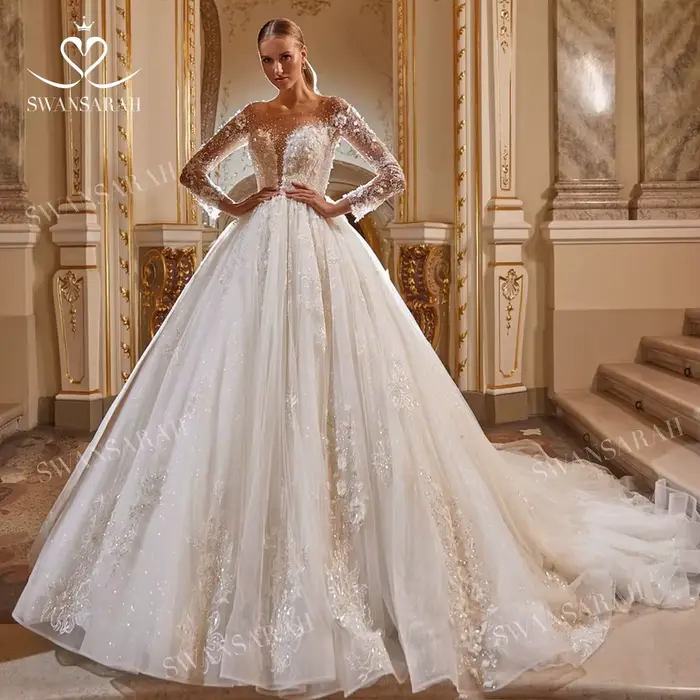 Robe de mariée de luxe perlée 2026 à manches longues avec appliques en dentelle, robe de bal de prin