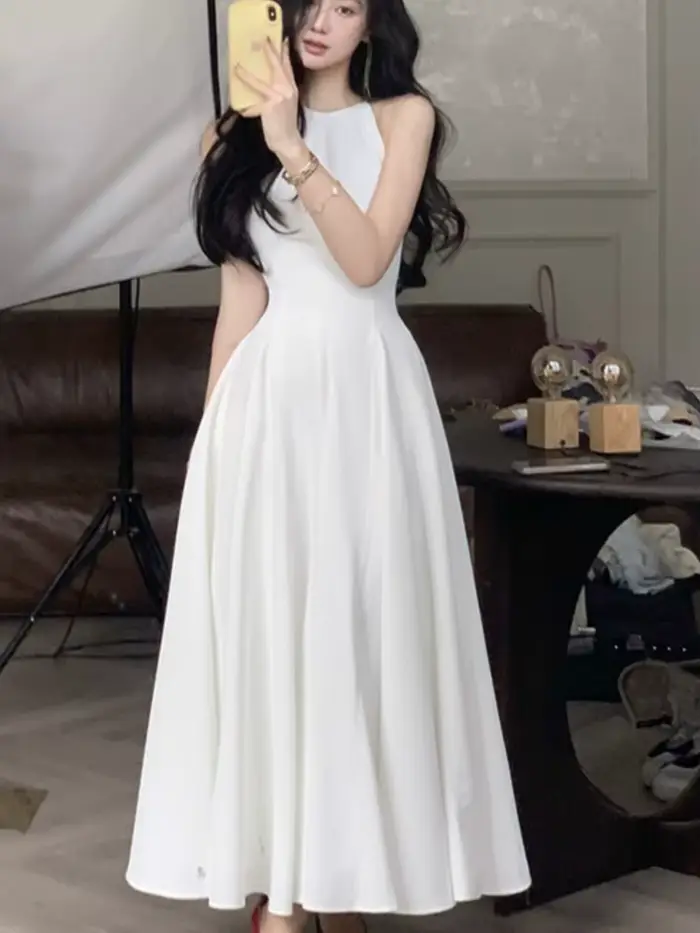 Robe longue soirée vintage femme col licou uni ligne a princesse mariage bal nouvelle collection printemps