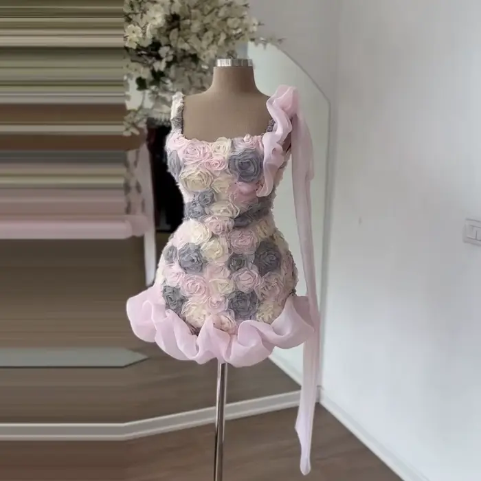 Robe de soirée élégante pour femme, motif floral rose, en tulle plissé avec volants, mini-robe de ba