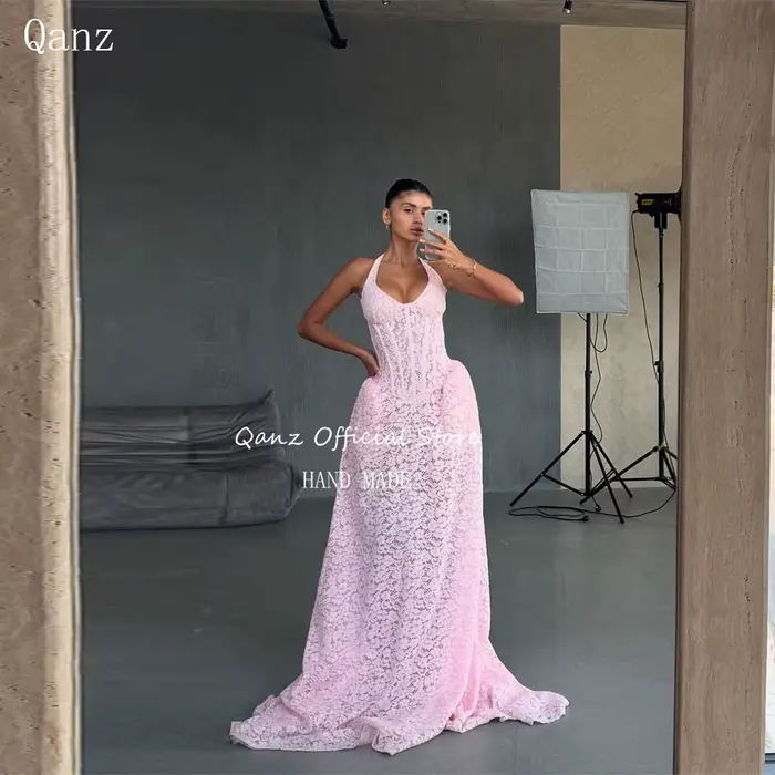 Qanz rose pleine dentelle Appliques Robes De Soirée élégant longue Train Pageant robe pour les femme