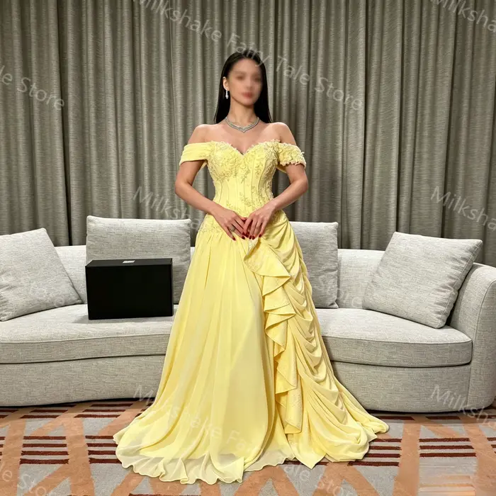Robes de soirée jaunes à épaules dénudées, robes de bal romantiques avec appliques en dentelle et vo