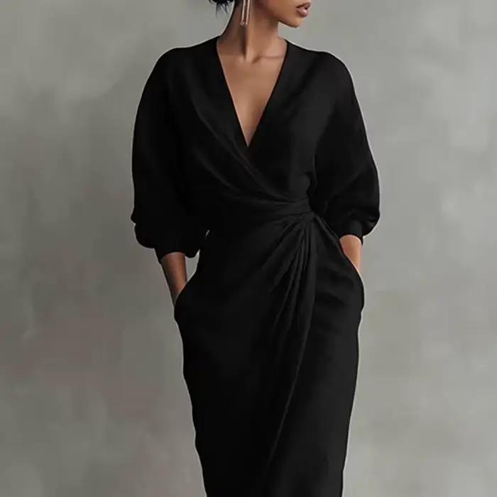 Robe longue moulante élégante pour femme, col en V, taille nouée, manches longues, couleur unie, style décontracté, idéale pour les soirées, la plage, les vacances et les événements décontractés