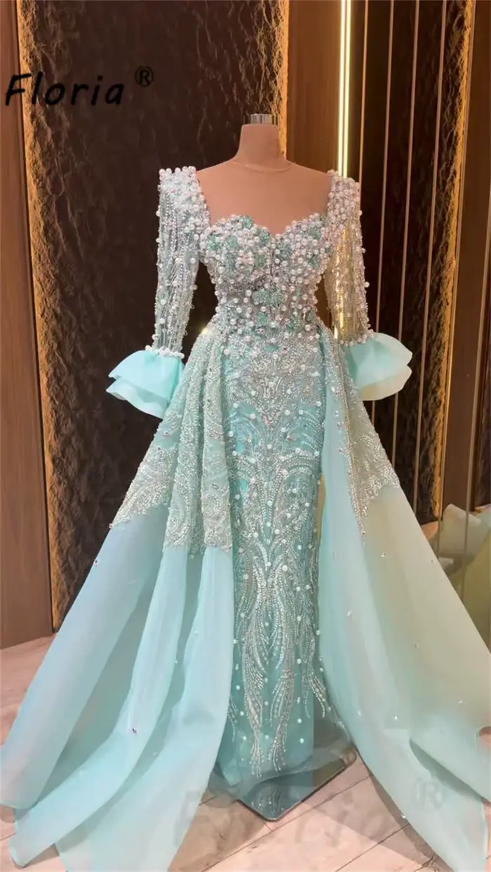 Robe de soirée sirène vert menthe pour femme, style célébrité, ornée de perles et de cristaux, idéal