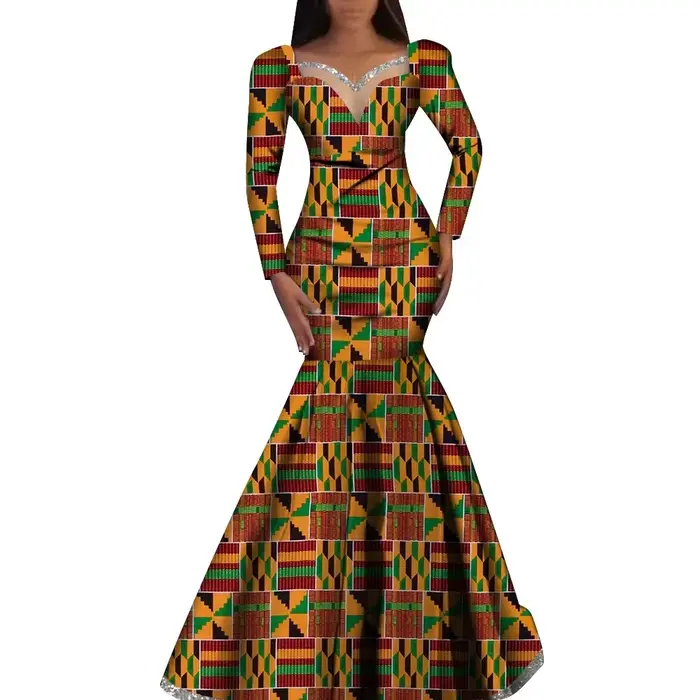 Robe africaine imprimée Ankara pour femmes, robes à manches longues, robe élégante Dashiki, jupe plissée de mariage, robes à la mode, WY1058