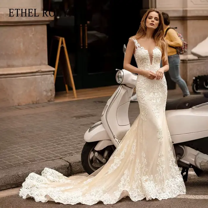 ETHEL ROLYN robe De mariée sirène pour femme chérie broderie bretelles Spaghetti