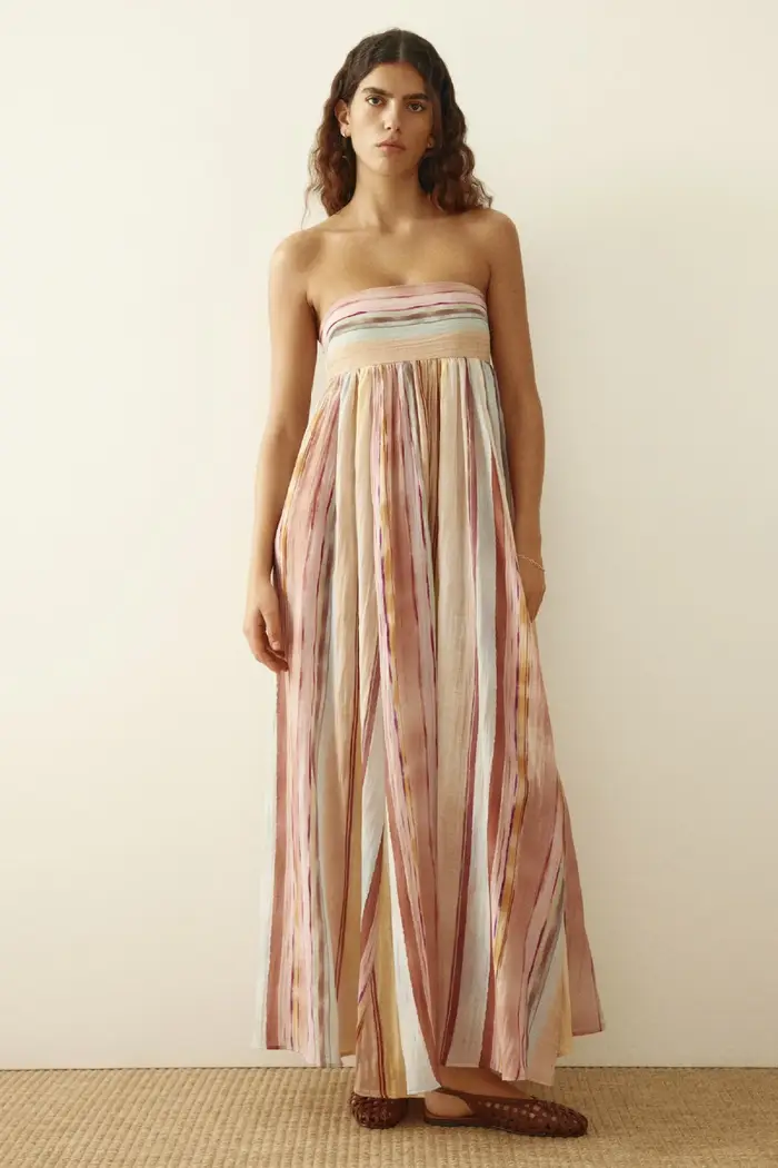 Robe mi-longue en polyester à encolure drapée imprimée motif rayé sans manches pour femmes occasions spéciales quotidiennes et formelles
