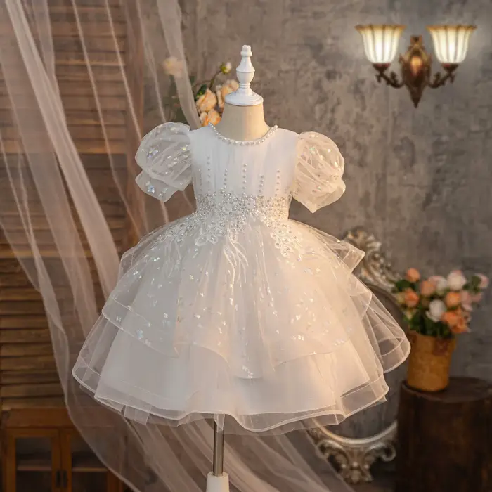 Nouvelle robe de mariée tutu rose, blanche et bleue pour filles, robe haut de gamme à manches bouffa