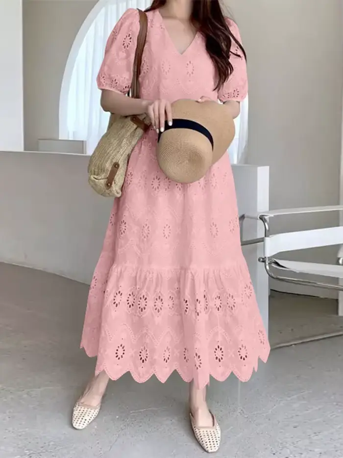 ZANZEA femmes dentelle à volants ourlet robes décontracté ample solide Maxi robes mode col en v manc