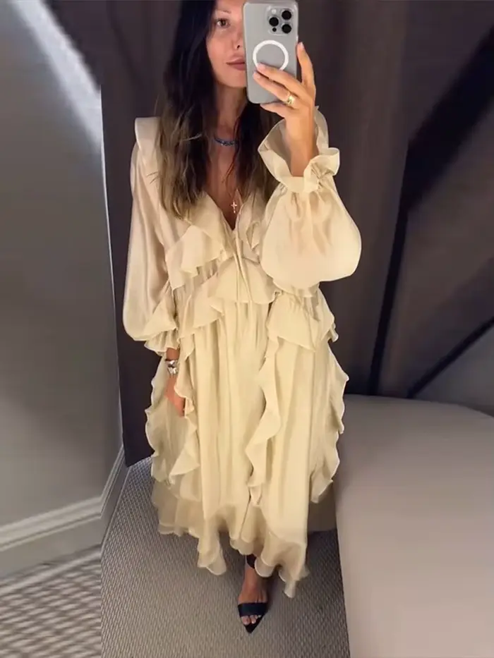 Robe Femme à Volants, Col en V Profond
