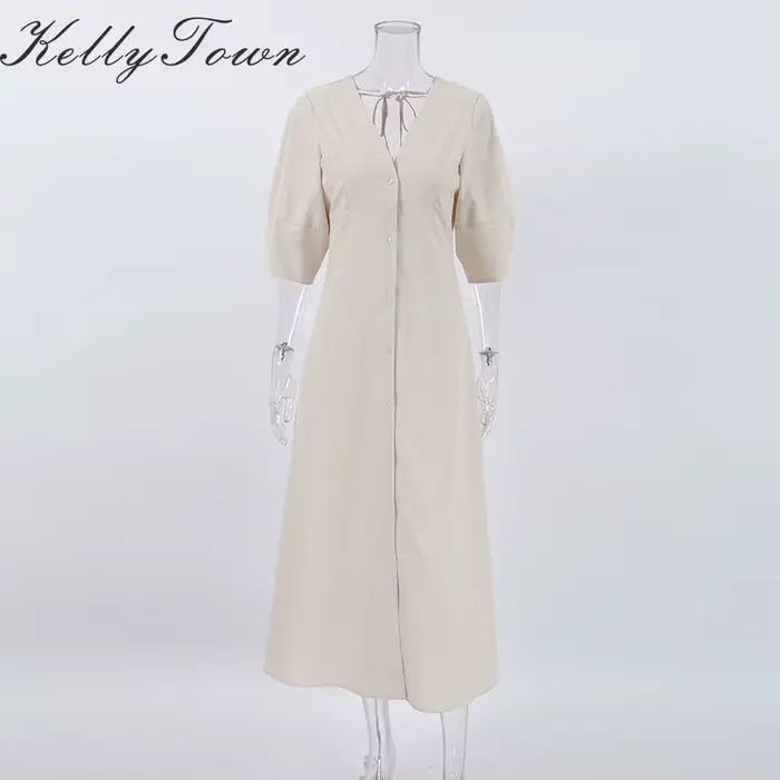Robe en coton et lin 2026, style Y2K français, col en V, manches bouffantes, robe dos nu à lacets, robes longues décontractées d'été pour femmes