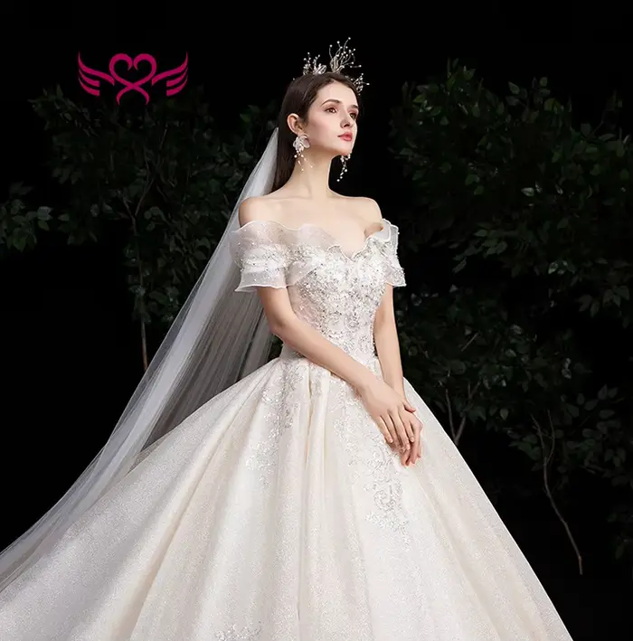Robe de mariée de campagne exquise épaules dénudées tulle brillant perles princesse bal col V manches courtes soutien-gorge intégré longueur sol occasions spéciales