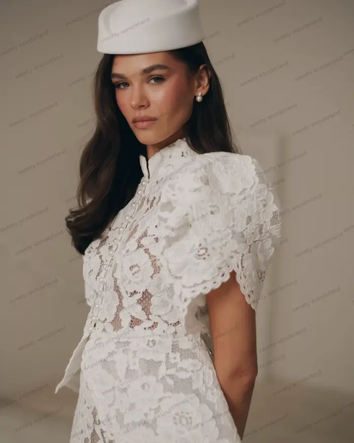 Robe de soirée blanche à manches courtes avec veste en dentelle transparente pour femmes, soirée officielle, gala, mariage, cérémonie de remise de diplômes