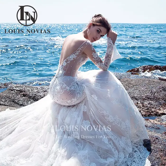 Robe de mariée sirène élégante avec perles délicates et appliques de fleurs 3D, col en V, manches longues et dos nu pour femmes occasions spéciales