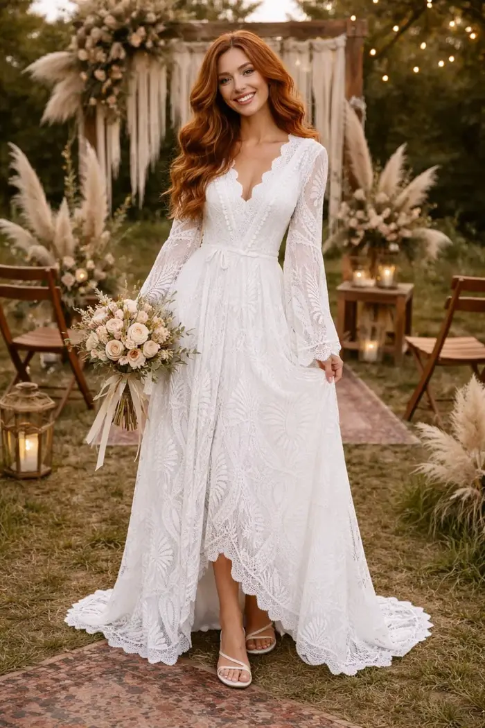Robe de mariée classique avec train de balayage, col en V et plissé, pour femmes enceintes et occasions spéciales