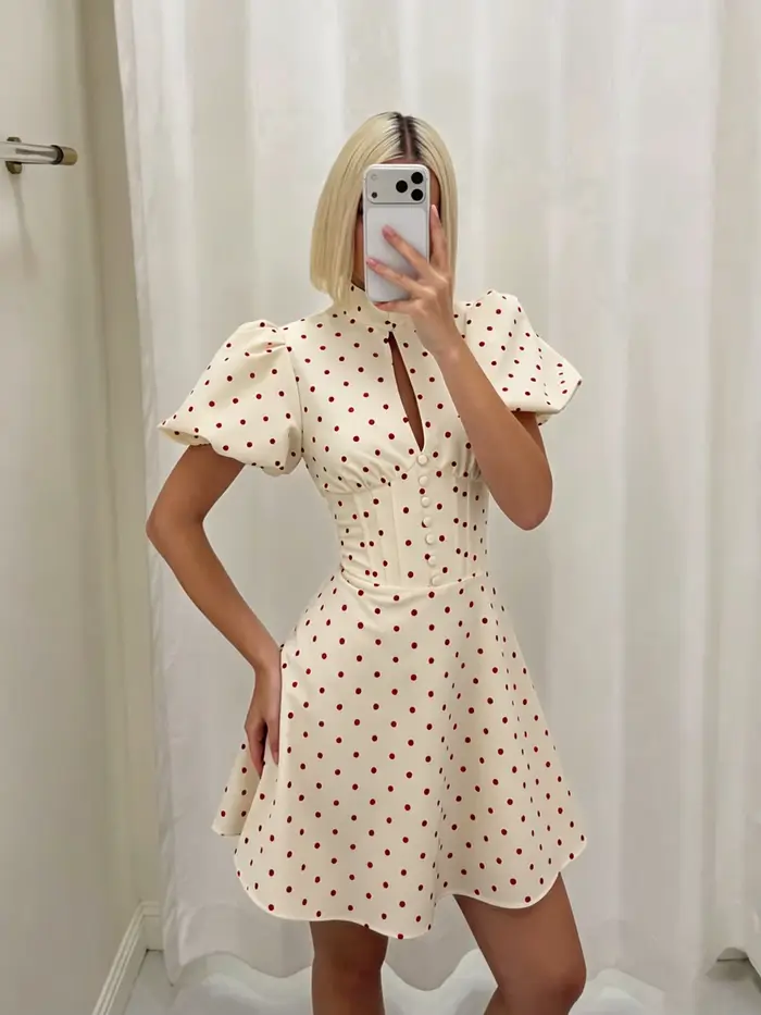 Robe longue décontractée à pois pour femme, chic, col montant, manches bouffantes, transparente, à v