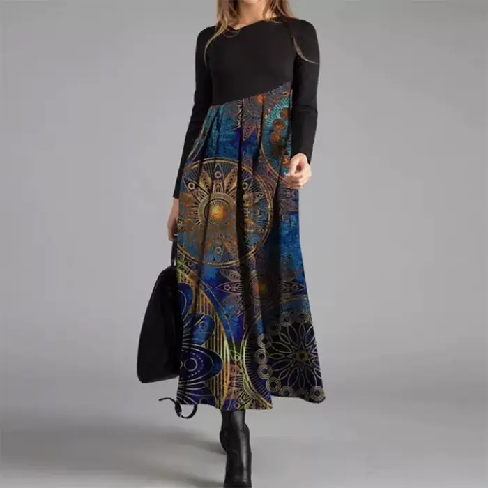 Robe longue vintage à col en V pour femmes
