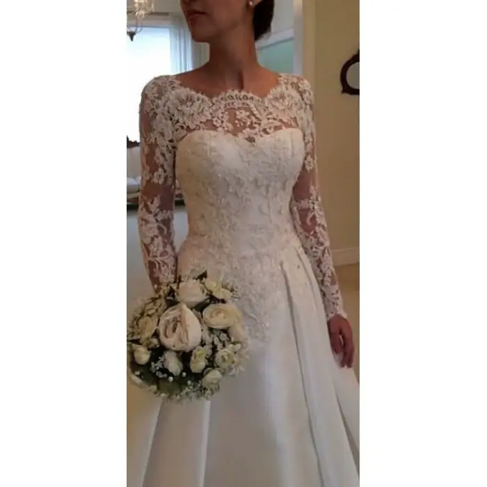 Maria Novia Satin Simple moderne robes de mariée à manches longues dentelle col en v balayage Train une ligne princesse