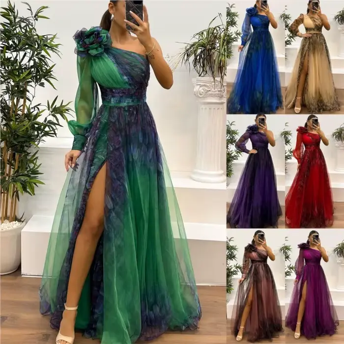 Robe de mariée sexy ample épaules dénudées imprimée pour femmes occasions spéciales soirée gala bal de fin d'année
