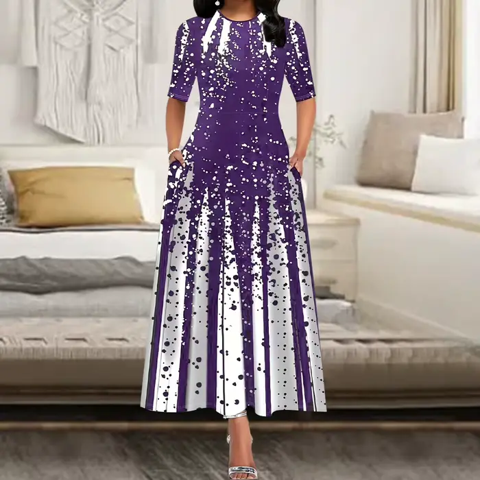 Robe longue de soirée élégante pour femmes, col rond, imprimé rétro, décontracté, polyester et élasthanne, idéale pour mariages et événements spéciaux