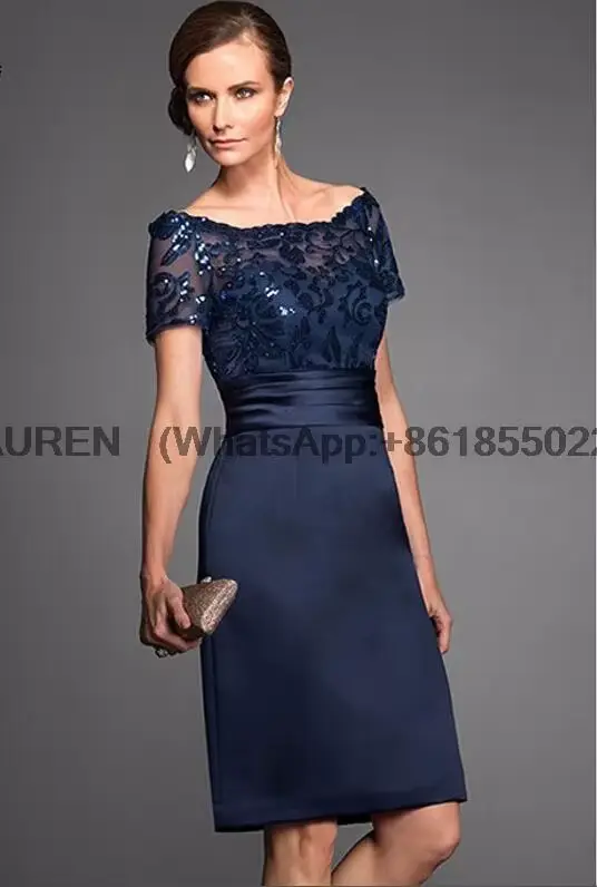 Robe en satin à manches courtes pour mère de la mariée, fourreau bleu marine, robe d'invité de maria