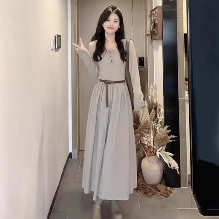 Robe longue maxi à manches longues en kaki clair pour femmes