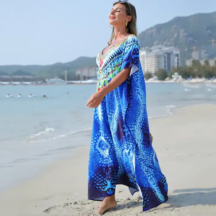 Robe Caftan de Plage Vacay Style Boho Grande Taille Motif Figurine Col En V Occasions Spéciales Plage Soirées