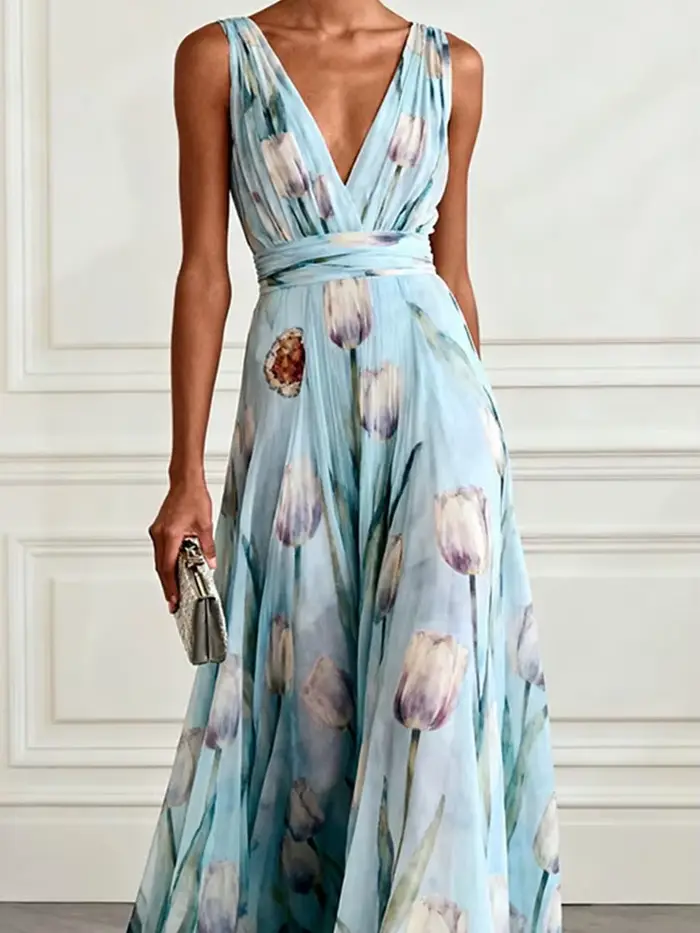 Robe longue en mousseline de soie à imprimé tulipes sans manches pour femmes, élégante et décontractée, idéale pour banquet et soirées spéciales