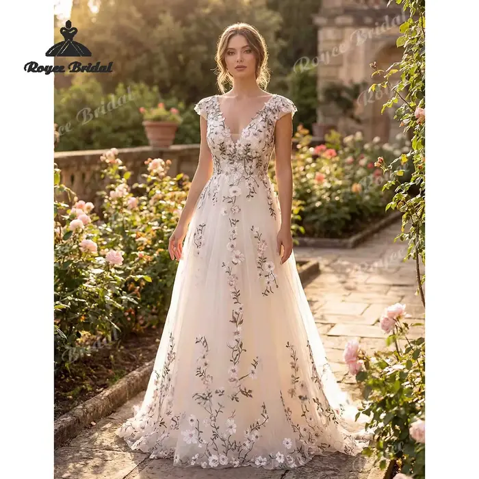 Robes de mariée en mousseline de soie à motif floral forestier, coupe trapèze, épaules dénudées, bro